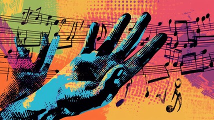 Vibrant illustration of a colorful hand reaching out amidst musical notes, embodying the essence of music and creativity.