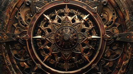 Naklejka premium A intricate, steampunk-inspired design featuring gears, cogs, and a central starburst. The metallic textures and patterns create a sense of complexity and wonder.