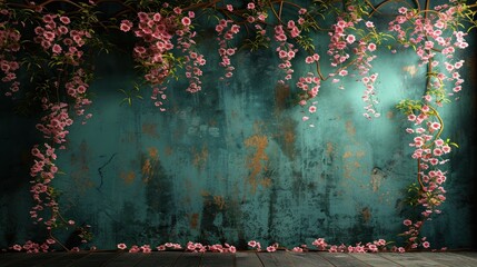 Pink flowers hang from vines against a textured teal wall