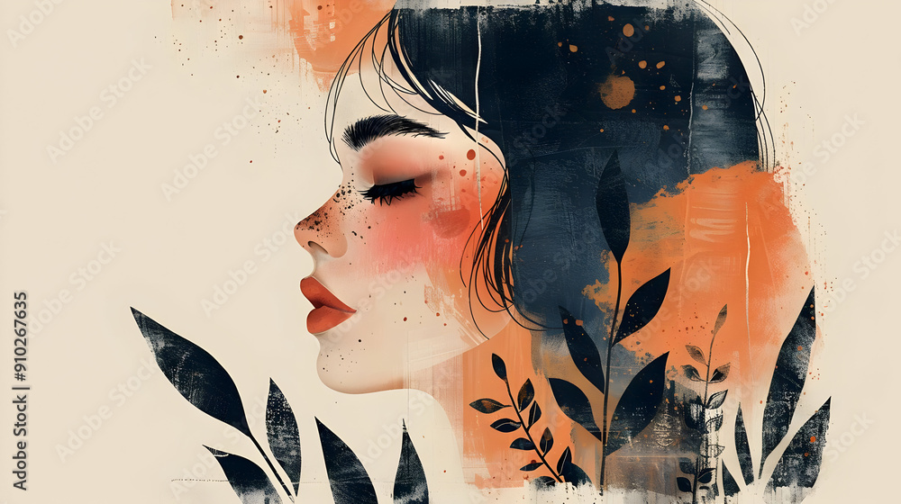 Wall mural Woman in Profile with Orange and Black Abstract Background Illustration