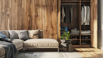 A modern living room with a wooden wall, a couch, a closet, a plant, and natural light.