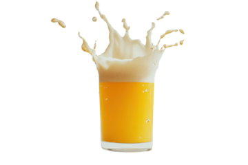 Glass of beer with frothy head and splash effect. PNG image