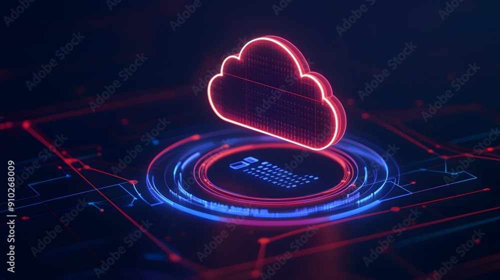 Poster cloud computing technology concept with a glowing cloud icon and digital circuitry background in neo
