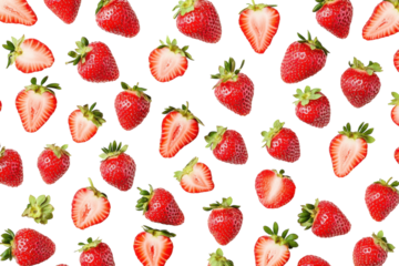 Pattern of fresh strawberries and slices scattered on white. PNG image