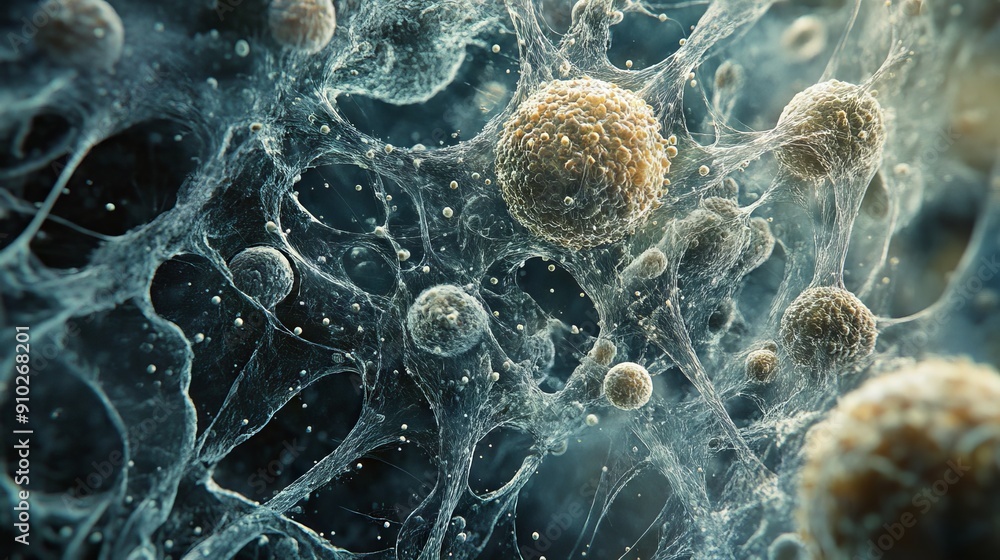 Poster abstract representation of cellular structures, showcasing intricate details of biological forms.
