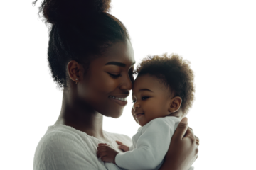 Mother holding baby with foreheads touching and smiling. PNG image