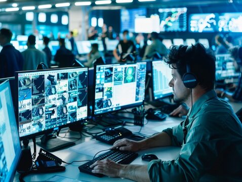 Security operator is working during night shift, looking at cctv cameras footage