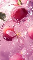 Delicate cherry blossoms and vibrant pink fruits submerged in crystal-clear ice, creating a refreshing and artistic composition.