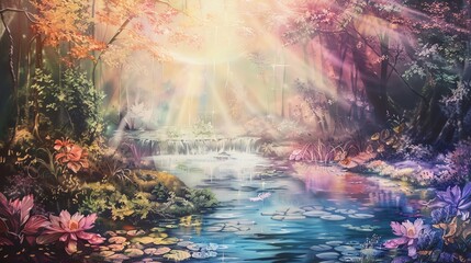 Fototapeta premium A magical, ethereal forest scene with a sunlit river flowing through the trees and lilies blooming along its banks.