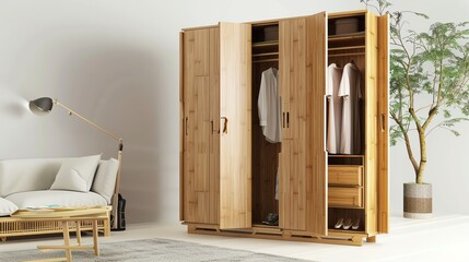 A modern wooden wardrobe with four doors and a small drawer unit, standing in a minimalist bedroom setting.