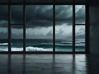 Fototapeta premium The window view reveals a vast, serene expanse of the sea.