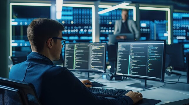 IT specialist works on personal computer in modern technical room of data center. Professional working environment with screens showing software program and coding language interface.
