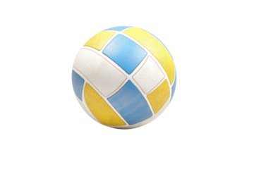 Colorful volleyball with blue, yellow, and white panels. PNG image