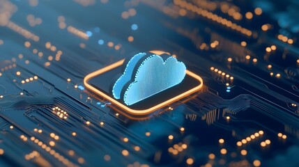 Cloud computing technology visualized with a glowing cloud icon over a circuit board, representing data storage and digital infrastructure.