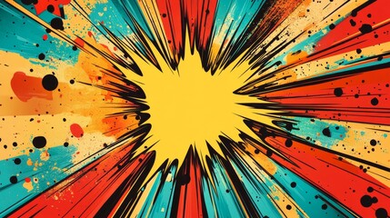 Dynamic explosion of colors with bold lines radiating from a central yellow burst.