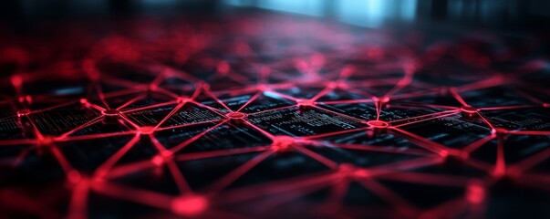 Dynamic network visualization with intricate red lines forming a digital grid, symbolizing connectivity and technology.