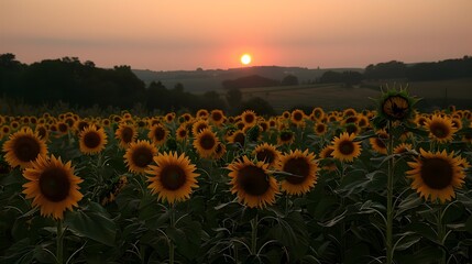 Obraz premium Vibrant Sunflower Field Bathed in Warm Sunset Glow over Serene Rural Landscape