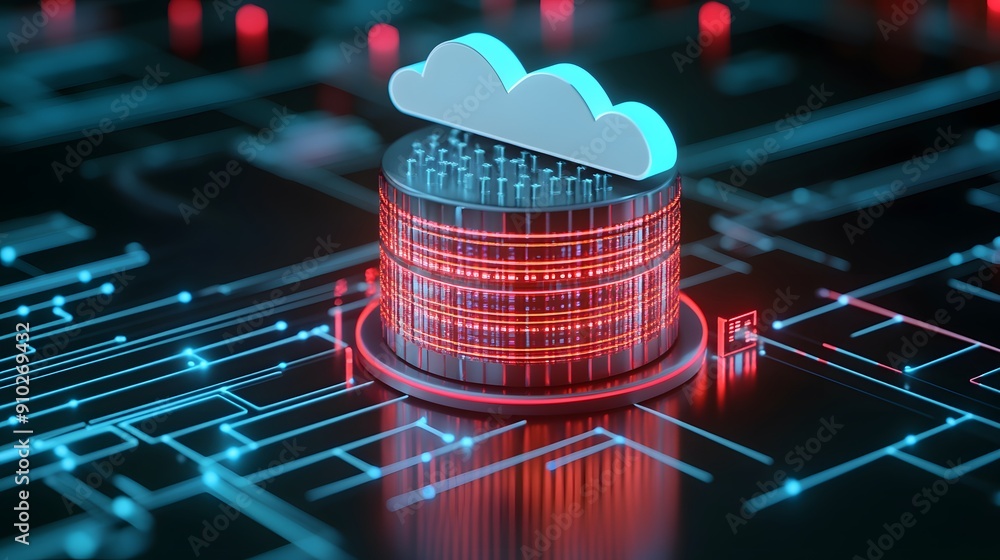 Poster cloud data storage concept with glowing circuit board. futuristic server and database technology ill