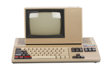 Vintage beige computer with CRT monitor and keyboard, isolated on white background. PNG without background