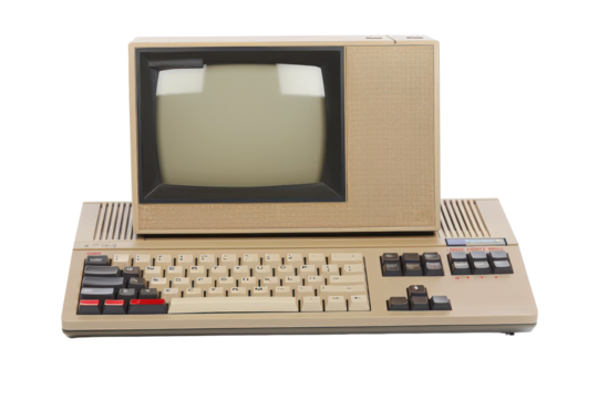 Vintage beige computer with CRT monitor and keyboard, isolated on white background. PNG without background