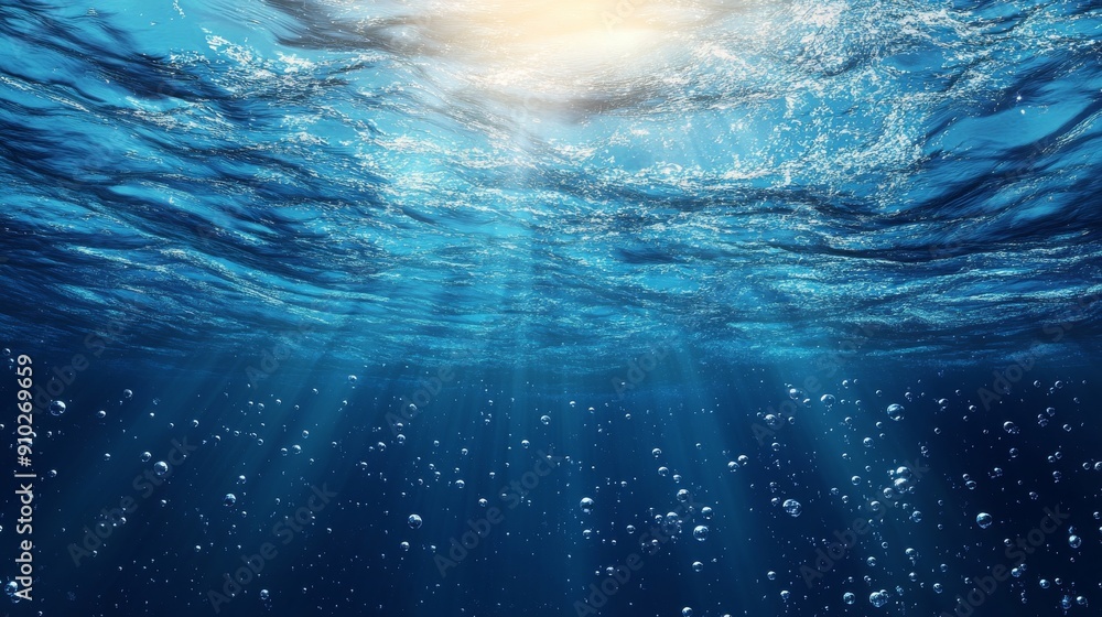 Poster underwater scene capturing sunlight filtering through waves, creating a serene atmosphere.