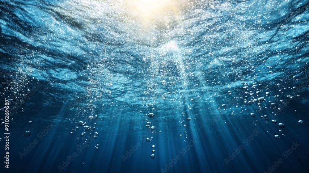 Poster underwater scene showcasing shimmering light filtering through the water, creating a tranquil atmosp