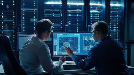 Two programmers discuss blockchain data network architecture design and development on a desktop computer display. Server racks in the technical department of a data center.