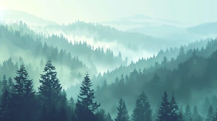 Fototapeta premium A misty, ethereal forest landscape with rolling hills and tall evergreen trees. The soft morning light creates a serene and tranquil atmosphere.
