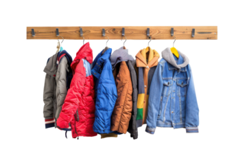 Wooden coat rack with hanging clothes, isolated on white background. PNG without background