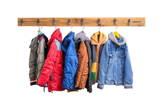 Wooden coat rack with hanging clothes, isolated on white background. PNG without background
