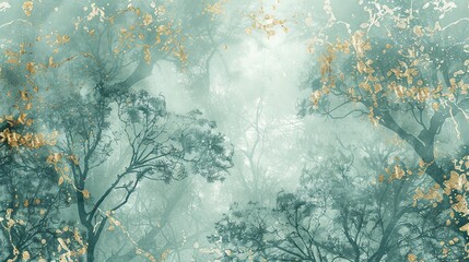 A misty forest scene with trees silhouetted against a soft, ethereal light.