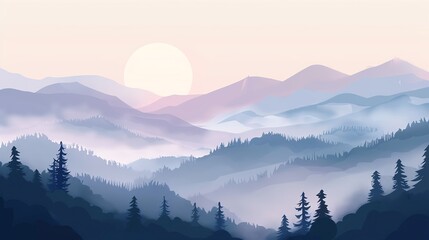 Obraz premium A misty mountain landscape with a glowing sun peeking over the peaks. The image features soft blue and purple hues, creating a serene and peaceful atmosphere.
