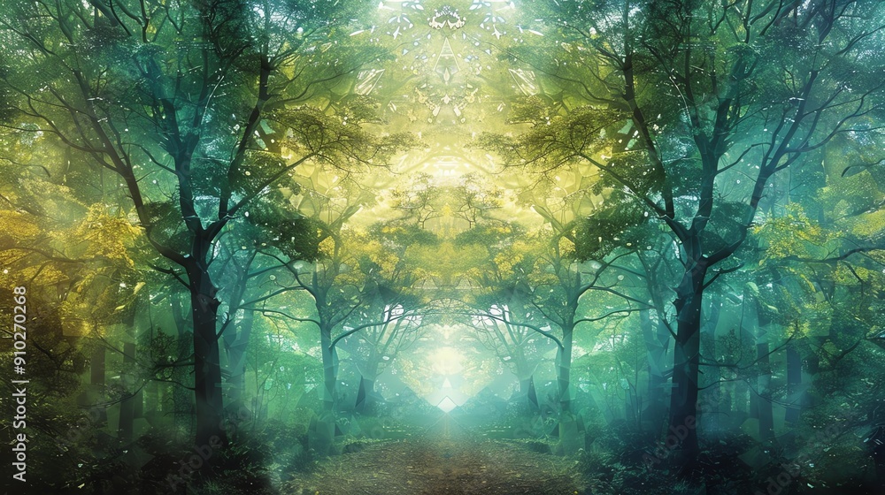 Poster a mystical forest path bathed in ethereal light, with trees reaching towards the sky, creating a sen