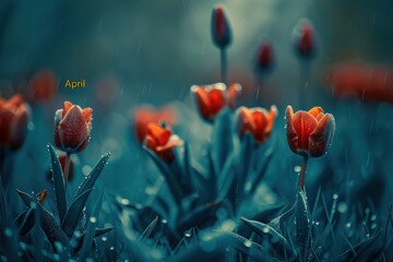 Obraz premium Vibrant tulips emerge from a dreamy landscape, glistening with morning dew as soft light dances across petals, heralding the beauty of Aprils arrival.