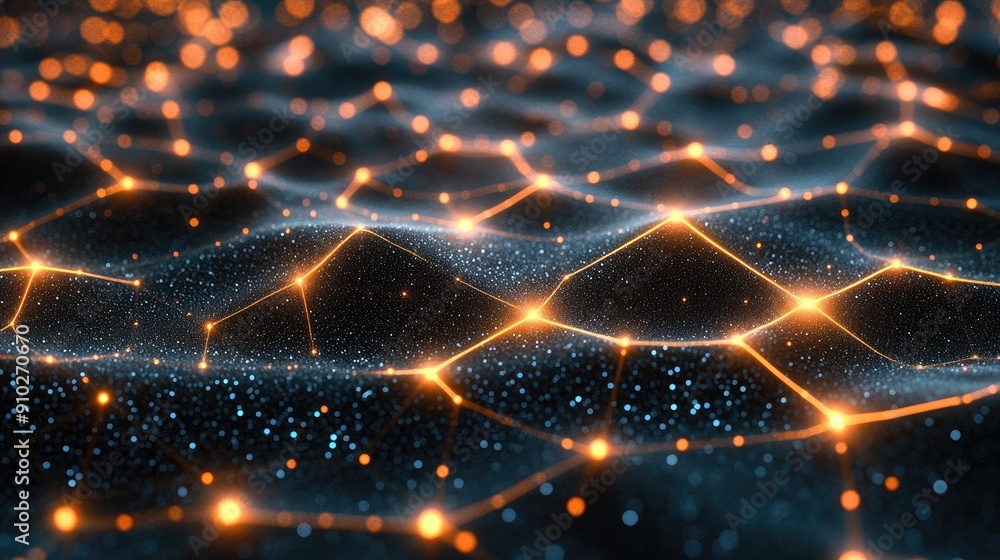 Poster a mesmerizing abstract representation of interconnected nodes and glowing particles showcasing netwo