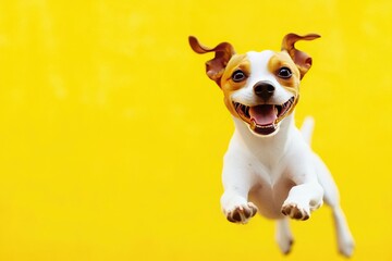 Fototapeta premium A happy dog jumping joyfully against a bright yellow background, capturing the essence of playfulness and freedom.
