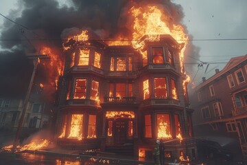 fire in the house. the burning house is being extinguished by firefighters with hoses