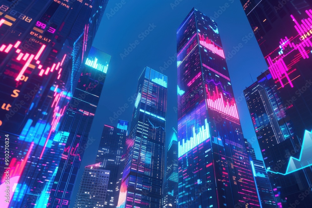 Poster a futuristic digital cityscape with holographic graphs and charts floating above skyscrapers, repres