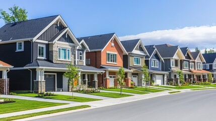 A row of modern suburban houses showcasing diverse architecture under a clear blue sky, highlighting a vibrant neighborhood.
