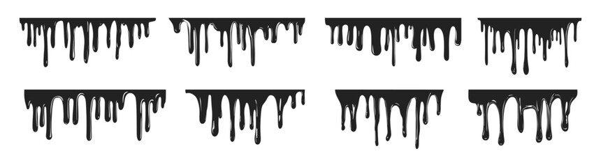 Dripping blood liquid borders silhouette in black ink style, vector cartoon illustration. Set of different dripping patterns for horror and spooky themes.