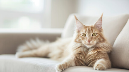 Maine Coon cat relaxing on a cozy white sofa, sunlight streaming through window, domestic feline concept