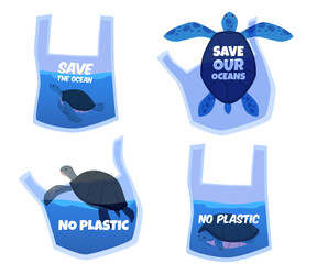 Anti-plastic campaign turtle icons vector set