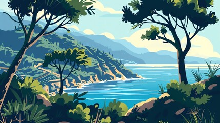 A picturesque view of a winding coastline, framed by lush greenery and azure waters.  The sun shines brightly, casting a warm glow on the scene.