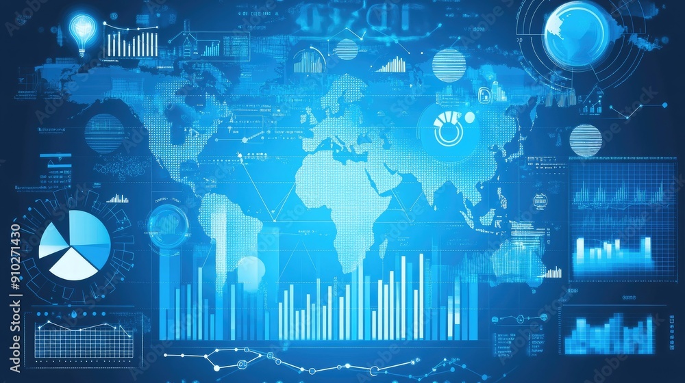 Poster digital world map with data visualizations, charts, and graphs representing global business and fina