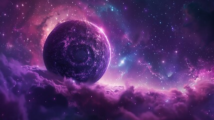 A purple planet with a ring system floats in a vibrant nebula filled with swirling clouds and stars.