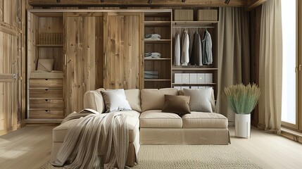 Cozy living room with a large couch, wooden walls, and a built-in closet.