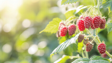 Ripe, juicy, red raspberries on green branch basking in sunlight, natural, fresh summer fruit concept