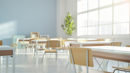 Fototapeta premium Bright, modern classroom interior, empty chairs and desks, sunlight streaming in, educational environment concept