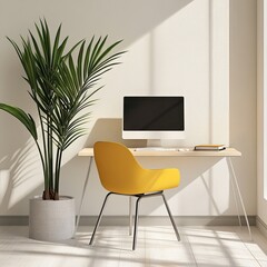 Minimalist workspace featuring a modern desk, yellow chair, computer, and a decorative plant in a bright, airy environment.
