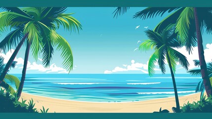 Fototapeta premium A scenic view of a tropical beach with palm trees, blue ocean and white sand. Perfect for summer, travel, and vacation themes.